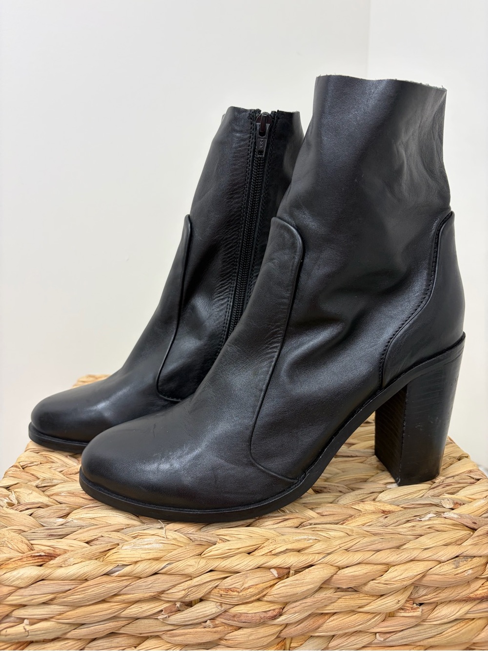 Women's Black Leather High Block Heel Ankle Boots